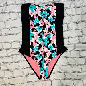 Strapless Crisscross back Florap Print One Piece Swimsuit